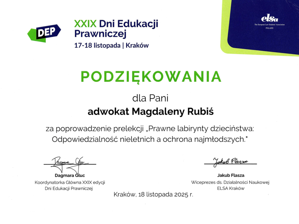 XXIX Dni Edukacji Prawniczej. ELSA Kraków - Podziękowania